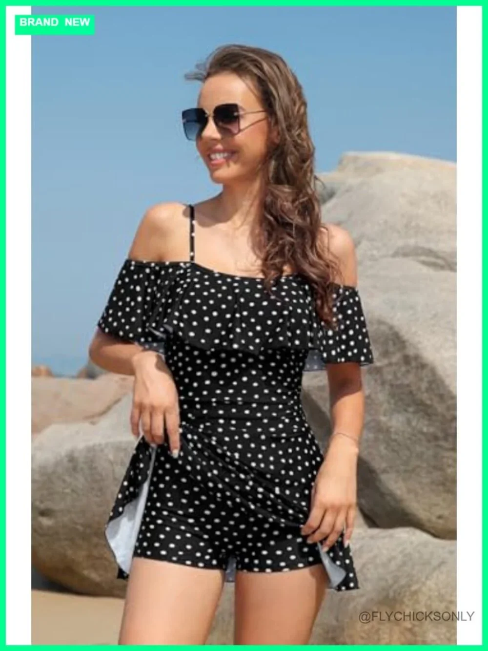 Off-Shoulder Ruffled Flounce Swim Dress One Piece with Built-in Shorts